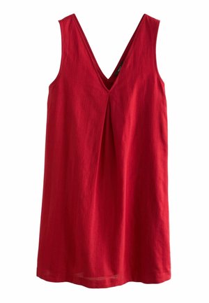 Sleeveless red dress with vertical textured stripes and a deep V-neckline, hanging against a white background.