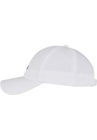 White baseball cap featuring a textured fabric, curved brim, and an adjustable back strap. Simple design with no patterns or extra accents.