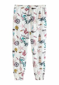 Bílé pyžamové kalhoty s námořnickým vzorem obsahujícím kotvy, majáky, ryby a plachetnice v odstínech růžové, tyrkysové a černé na světlém pozadí.