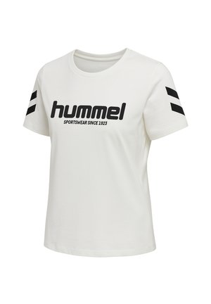 Witte katoenen t-shirt met zwart "hummel" logo en tekst, met zwarte verticale strepen op de mouwen; ronde halsontwerp.