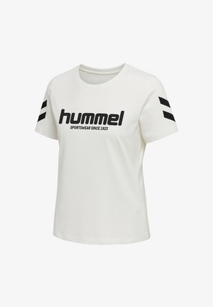 Witte katoenen t-shirt met zwart "hummel" logo en tekst, met zwarte verticale strepen op de mouwen; ronde halsontwerp.