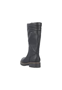 Black leather knee-high boot with ribbed accents at the top, textured finish, and a rubber sole. Features a logo and stitching detail.