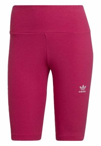 Różowe prążkowane krótkie spodenki rowerowe z wysokim stanem i białym logo Adidas Trefoil na dolnej części lewej nogawki. Miękki, elastyczny materiał.