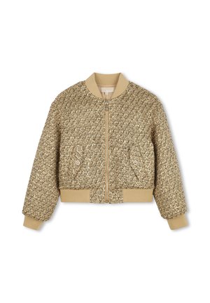 Veste bomber en tweed beige et marron avec col, poignets et ourlet côtelés, fermeture éclair devant et deux poches à rabat boutonnées.