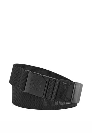 Black durable fabric belt with a wide clasp and adjustable strap, featuring a subtle embossed logo on one end.