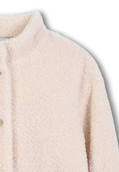 Furry, light pink oversized jacket with a soft texture, featuring a stand collar and two circular buttons on the front.