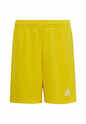 Żółte szorty sportowe wykonane z lekkiego materiału, z elastycznym paskiem w talii i białym logo Adidas w dolnym prawym rogu.