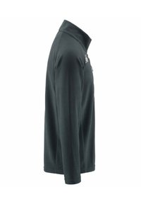 Pullover in pile di colore grigio scuro con colletto alto e maniche lunghe; presenta un piccolo logo sul petto e una superficie morbida e testurizzata.