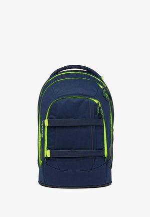 Navy backpack with neon green accents, featuring multiple zipped compartments, adjustable straps, and a padded back for comfort.