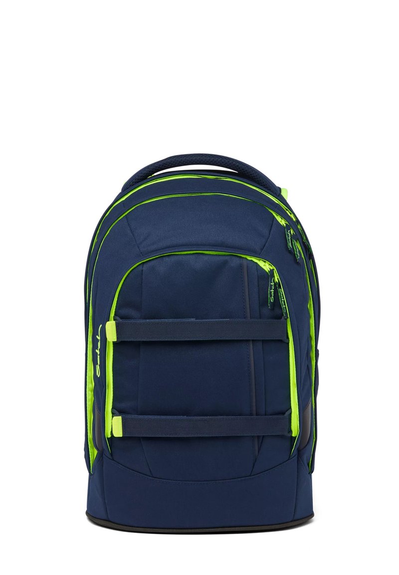 Zaino navy con dettagli verde fluo, dotato di molteplici scomparti con zip, spallacci regolabili e schienale imbottito per il comfort.