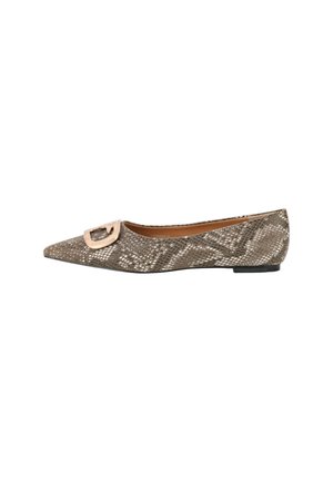Schoenen met slangenprint in metallic goud en bruintinten, met een puntige neus en een grote gouden gesp aan de bovenkant. Platte zool.