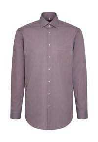 Camicia da uomo a maniche lunghe con bottoni, in motivo geometrico rosso e bianco e colletto a punta, esposta su sfondo bianco.
