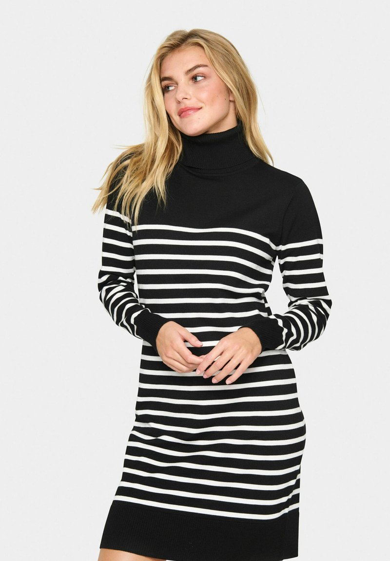 Striped turtleneck dress featuring alternating black and white horizontal stripes, knit texture, long sleeves, and a ribbed hem.
