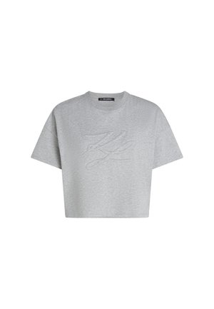 Gray cropped t-shirt made of soft fabric, featuring a round neck and short sleeves with an embossed logo design on the front.