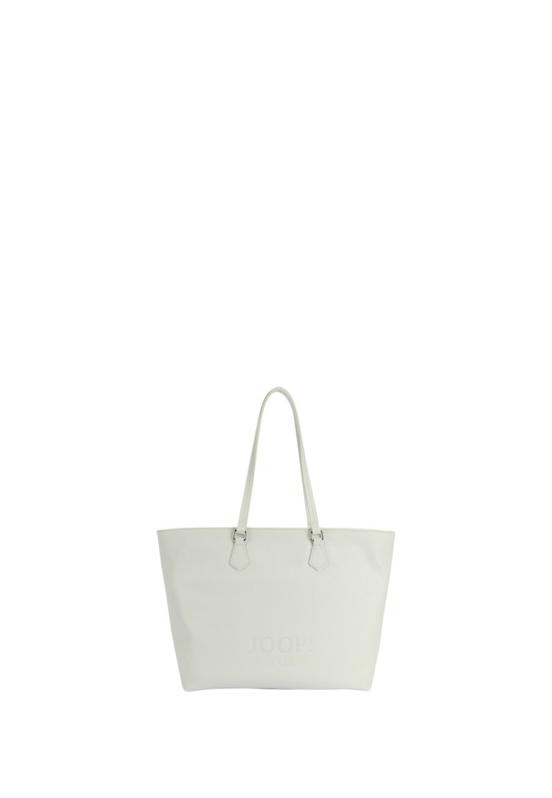 Witte tote bag gemaakt van gestructureerd synthetisch materiaal, met twee lange handvatten en een bedrukt logo in het midden. Eenvoudige, rechthoekige vorm.