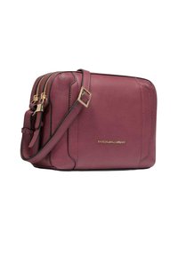 Borsa a tracolla in pelle color bordeaux con ferrature color oro, doppia chiusura con cerniera e tracolla regolabile. Texture liscia con dettagli cuciti.