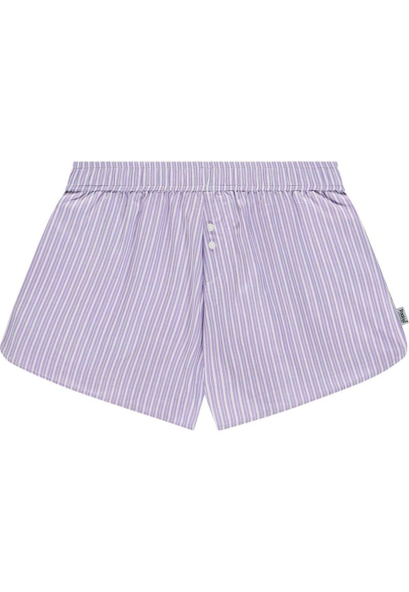 Lilla stripete shorts med myk stoff, elastisk linning og tre knappelukking foran. Rundet nederkant med sidespalter.