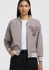 Veste bomber gris clair avec une fermeture éclair à l'avant, des poignets côtelés et des rayures sur les côtés. Présente un logo de panthère brodé avec un détail "2001".
