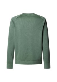 Zelený sveter s dlhými rukávmi, s rebrovaným výstrihom a lemom. Hladká textúra, má raglánové rukávy a jednoduchý, nezdobený dizajn.