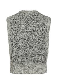 Ærmeløs strikket sweater i grå og sort med et struktureret mønster og kabelstrikdetaljer på ryggen. Ribbet kant forneden.