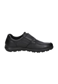 Zwarte leren schoenen met een klittenbandsluiting, ronde neus, gestructureerd bovenwerk en rubberen zool met grippatronen voor traction.
