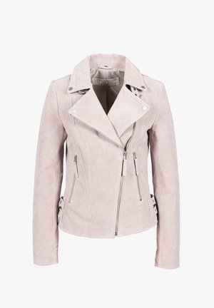 Lichtroze faux leren jasje met een motorontwerp, featuring een brede kraag, ritssluitingen en zijgespen. Groene textuur, op maat gemaakte pasvorm.