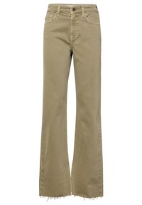 Jeans in denim beige a vita alta, con gambe ampie e orli sfrangiati, chiusura frontale con bottone e zip, e stile a cinque tasche.