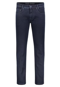 Jeans bleu foncé avec une coupe slim, comportant cinq poches, une fermeture à bouton et des détails de surpiqûres discrets le long des coutures.