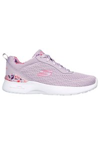 Scarpa sportiva di colore viola chiaro con tomaia in rete, dettagli rosa e motivo floreale sul tallone. Presenta una suola bianca e ammortizzata.