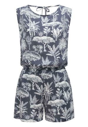 Combinaison grise sans manches avec imprimés d'arbres tropicaux et de plantes blancs, taille élastique et fermeture à nouer au niveau de l'encolure arrière.