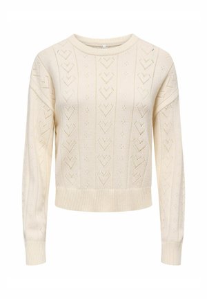 Cream-colored knitted sweater with heart patterns, crew neckline, and ribbed hem and cuffs. Soft texture, long sleeves, and cozy design.