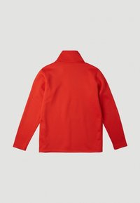 Chaqueta roja de manga larga con cuello alto. Textura suave, diseño sencillo sin herrajes ni adornos visibles. Solo vista trasera.