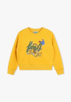 Sweat-shirt jaune avec texte vert "Kenzo", un tigre ludique et un oiseau bleu graphique sur le devant, poignets et ourlet côtelés.
