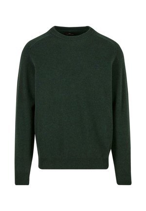 Mørkegrøn strikket sweater med rund hals, lange ærmer og ribbede manchetter og kant. Har et diskret logo på brystet.