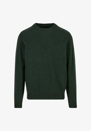 Pull en tricot vert foncé avec un col rond, des manches longues et des poignets et un ourlet côtelés. Présente un logo discret sur la poitrine.