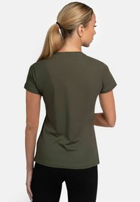 Olive green short-sleeve t-shirt with a round neckline, smooth texture, and a fitted design, shown from the back.