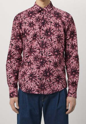 Button-up Hemd mit floralem Muster in rosa und dunkelvioletten Farbtönen. Hergestellt aus einem leichten Stoff mit klassischem Kragen und Knopfleiste.