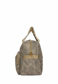 Borsa in tessuto intrecciato beige con superficie texturizzata, zip dorata e tasca laterale. Dotata di manico superiore e tracolla regolabile.