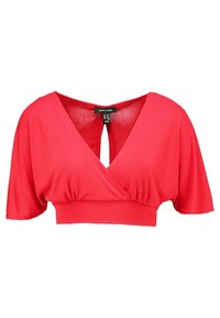 Červený zkrácený top s V-výstřihem, krátkými rukávy a staženým lemem. Vyrobený z hladké, pružné látky pro přiléhavý siluetu.