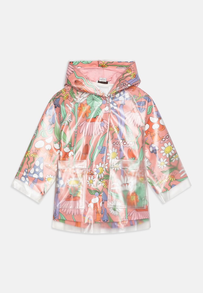 Permatomas rožinis lietpaltis su kapišonu, puošnus gėlių ir grybeliais raštu, su dviem priekinių kišenių ir baltais akcentais ant rankovių ir apvado.