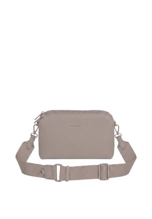 Rectangular taupe crossbody bag with two zippered compartments and adjustable fabric strap with metal clasps.
