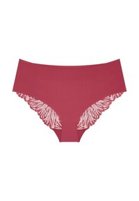 Bikini w głębokim różu, z gładkim przodem i koronkowym wykończeniem w kwiaty po bokach, z falbankowymi krawędziami.