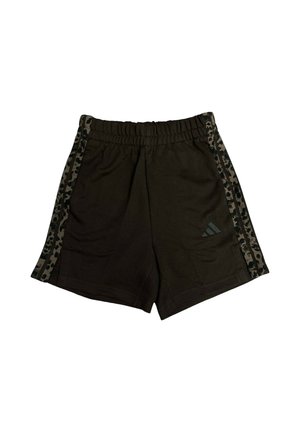 Pantaloncini sportivi neri con vita elastica e strisce leopardate ai lati, con un piccolo logo Adidas sulla gamba destra frontale.