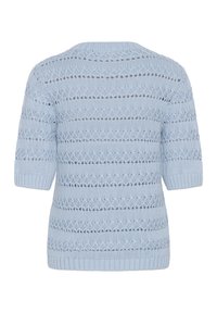 Pull tricoté bleu clair à manches courtes avec ajour horizontal et rayures texturées, col, poignets et ourlet côtelés.