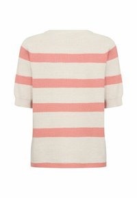 Striped knit sweater in cream and pink. Features short sleeves, round neck, and a relaxed fit. Soft texture with wide horizontal stripes.