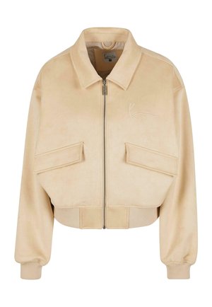 Beige Jacke, tailliert, aus weichem Material, mit einem Reißverschluss vorne, zwei Taschen mit Klappen, gerippten Bündchen und einem gestickten Logo.