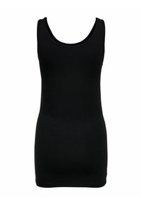 Schwarzes ärmelloses Tanktop aus glattem, dehnbarem Material. Es hat einen runden Ausschnitt und eine figurbetonte Silhouette für angenehmen Tragekomfort.