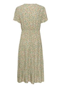 Kukallinen midi-mekko, jossa on lyhyet hihat, joustava vyötärö ja kerroksellinen helma. Mekossa on vaaleanvihreä pohja ja monivärisiä kukkakuoseja.