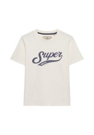 Cremefarbenes Baumwoll-T-Shirt mit kurzen Ärmeln. Verfügt über ein marineblaues kursives "Super"-Logo und den Text "DRY CO" darunter. Standardpassform.