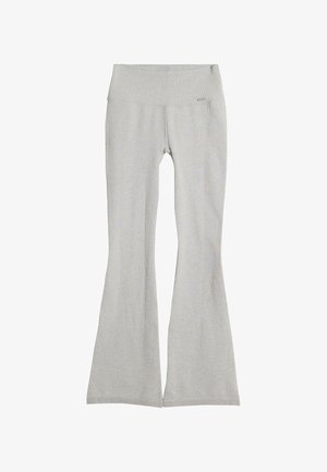 Gray ribbed flared leggings with a wide waistband. Soft texture; no visible logos or patterns. Hem finishes are clean and neat.